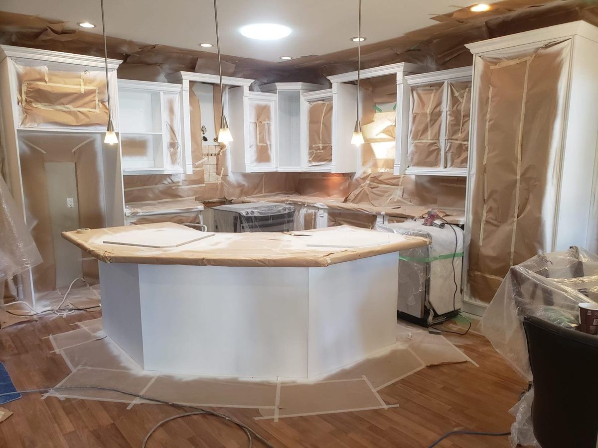 Kitchen prepared for cabinet resurfacing
