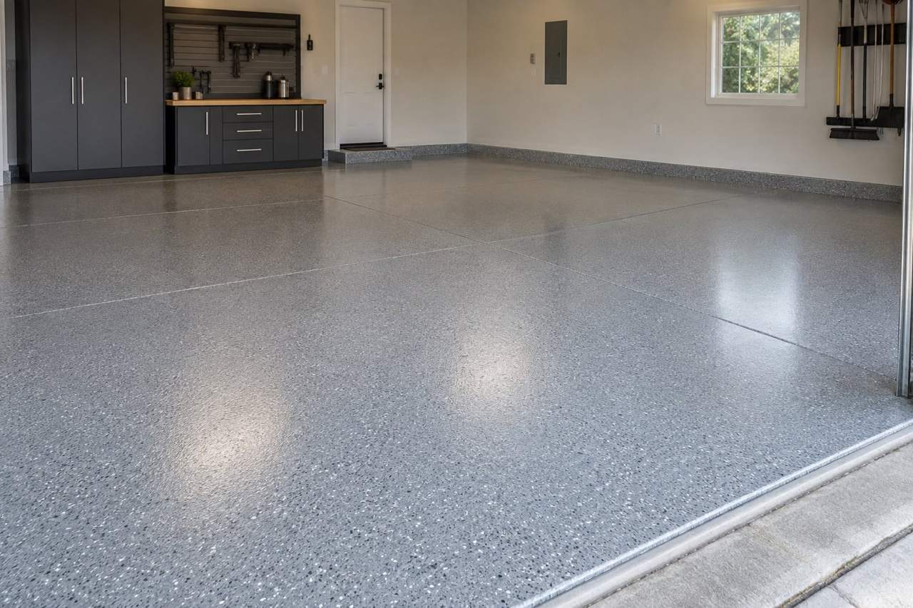 Illustration of a grey flake garage floor finish