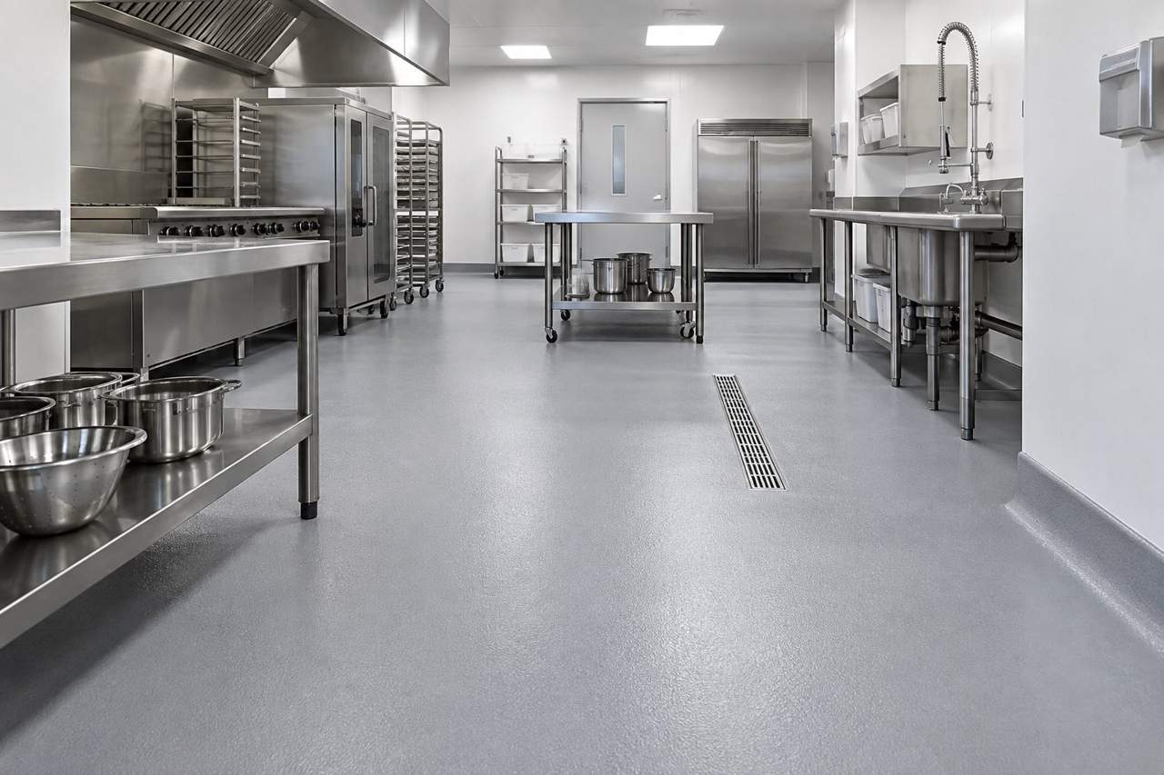 Illustration of a commercial kitchen floor with drainage channel